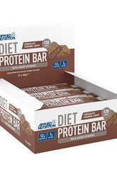 Applied Nutrition Diet Protein Bar box with 12 chocolate caramel crisp bars, each containing 12g protein and added vitamins.